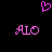 Pixelated pink heart above two identical 'ALO' text icons on black background.