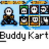 Animated contact sheet of a pixel art character in an orange and blue kart racing game, showing sequential motion frames with track elements.