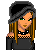 Pixel art contact sheet showing two frames of a female character with long brown hair, green eyes, and dark clothing holding hands with another figure, plus red text reading "Hi!" on white background.