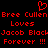 Red pixelated text on black background reads 'Bree Cullen Bree Cullen Loves Loves Jacob Black Jacob Black Forever !!!' with a heart symbol above the first name.