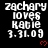 Black background with white text reading "zachary loves katie 3.31.09" and red heart symbols, arranged in a pattern