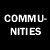 Static image of text-based icons arranged in a , displaying variations of 'COMMUNITIES', 'CLUBS', and 'GROUPS' in white and gray lettering on a black background
