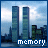 Pixelated cityscape with two tall blue-green skyscrapers against a light blue sky, water below, and white text reading 'memory' at the bottom.