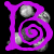 Purple stylized letters B, U, B, B, E, S with spiral details over a black background of scattered gray and white circular shapes.