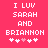 Pixelated text on a pink background with two of heart symbols, where the middle hearts change color between frames