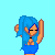 Pixel art character with blue hair and clothing in multiple poses against a light blue background, including raised arm and leg positions.