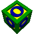 Green cubes with yellow faces and blue rings on each visible face, arranged in a against gray background