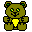 Pixelated green bear with yellow chest emblem and black outline, eyes showing green-yellow checkerboard pattern.