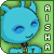 Pixelated blue creature with closed eyes and a small smile, wearing a red and yellow collar, against a green background with vertical text reading AISHA.