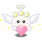Pixelated angel icon with pink heart, yellow halo, and white wings holding a pink heart against gray background.