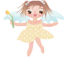 Pixel art animation of a cartoon fairy character with brown pigtails, blue wings, and yellow polka-dot dress holding a yellow flower against gray background.
