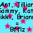 Pixelated text and pink stars on a light blue background with repeated patterns of 'Ant. Jillian', 'Kotommy', 'Briannikki', and '= Bfflz' in black font.