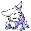 Animated sequence of a white cartoon creature with pink accents, blue limbs, and large ears in various poses against a plain background.