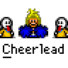 Animated cheerleading icon contact sheet showing 9 frames of a pixelated character with blonde hair, blue pom-poms, and yellow-and-blue uniform performing various poses against gray background.