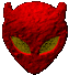 Red textured alien head with yellow-green eyes, arranged in a on gray background; two white display angled text