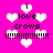 Pixelated pink background with white hearts and black text reading 'i love crows' and '!!!!!!!!!!!!!!!!' in multiple arrangements.