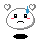 Pixelated white circular face with black square eyes, red blush marks, and a downturned mouth; blue teardrop on forehead; four heart shapes around head; gray background.