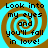 Four identical display a brown spiral on cyan background with black text reading "Look into my eyes and you'll fall in love!"