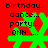 Red background with green pixelated figure dancing, text 'birthday.. dance.. party... OHH!....' in black above it.