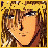 Pixelated anime-style character with brown hair and orange skin, two views showing text above head in first view only.