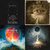 A static image divided into four quadrants showing distinct pixelated scenes: a dark abstract shape, a figure in a brown-toned setting, a colorful circular object, and a glowing lamp-like form.