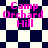 A pixelated image with pink text "Camp Orchard Hill" over a checkered background that shifts from square to diamond pattern.