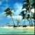 Pixelated beach scene with two palm trees on sandy shore, turquoise water under blue sky with light clouds.