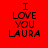Red background with black text "I LOVE YOU LAURA" arranged vertically, blue rectangular blocks overlaying parts of the text in different positions across six