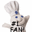 A pixelated chef character with blue eyes and a tall white hat, holding up text that reads '#1 FAN!' in bold black letters.