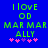 Blue background with green pixelated text reading 'I LOVE OD MAR MAR ALLY' and pink star-like symbols below, showing animation changes in symbol positions.