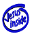 Blue circular icon with white background containing stylized text "Jesus Inside" in blue lettering.
