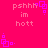 A bright pink background features repeated pixelated text 'pshhh im hott' and purple square animations in a pattern