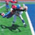 Pixelated static image of a football player in mid-action on a green field with blue background, wearing red helmet and dark uniform.