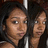 Two side-by-side pixelated portraits of a person with dark hair and light skin, wearing a black top against a dark background.