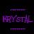 Purple pixelated text 'KRYSTAL' appears twice on a black background with four horizontal purple lines above and below the text.