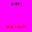 A bright pink background displays the text 'kori' at the top, with two of red and pink pixelated heart shapes below