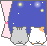 Pixelated animation of two cats under a starry night sky with a pink curtain, showing star movement and a shooting star.