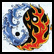A static pixelated icon depicts a yin-yang symbol with blue and red flame-like patterns on white background.
