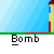 Pixel art animation of a character holding a bomb that detonates into fire, with 'Bomb' text below each frame.