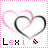 Two side-by-side show overlapping pink and gray heart outlines with 'Lexi' text below, bordered by alternating pink and black stripes