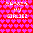 A static pixel art image with a red background patterned by repeating pink hearts, displaying four identical text blocks in white pixelated font.