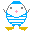 Pixelated character with blue and white striped body, yellow feet, gray arms, pink cross on chest, and blue headpiece against gray background.
