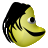 Pixelated yellow cartoon head with black hair, single eye, and wide black mouth on gray background.