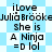 A static digital image displays repeated text about Julia Brookes being a ninja with emoticons on a blue and white patterned background.