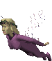 Animated sequence of a figure in purple attire with a green headband, emitting particle effects from the back, shown in multiple poses against a gray background.