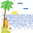 Pixelated beach scene with palm tree, house, and ocean; four identical arranged in a showing consistent elements across all quadrants