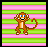 Pixelated monkey with blue eyes and brown fur stands against green-pink striped background, text 'monkey rock' on pink