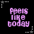 Six identical pixelated text arranged in a on black background, each displaying 'feels like today' with pink letters and white star accents