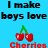 Pixelated static image with blue background featuring black text, red cherries with green stems, and partially visible red text at the bottom.