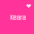 Pink background with four 'Keara' text blocks and three pixelated symbols: a heart, starburst, and dot cluster.